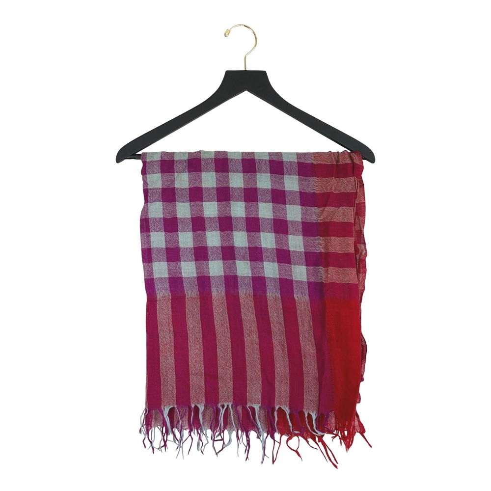 Paul Smith 100% Wool Scarf Gingham Plaid Striped Fringe Red Purple Blue